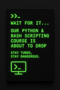 Creative hacker-themed terminal screen displaying a message about an upcoming Python and Bash scripting course with glowing green text