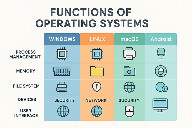 Educational infographic chart comparing functions of operating systems across Windows, Linux, macOS, and Android in a colorful grid layout.