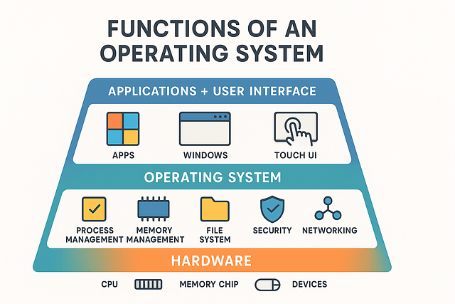 Infographic diagram showing the layered structure of an operating system with hardware at the bottom, OS functions in the middle, and applications with user interface at the top. Functions of an Operating System – Layered Infographic