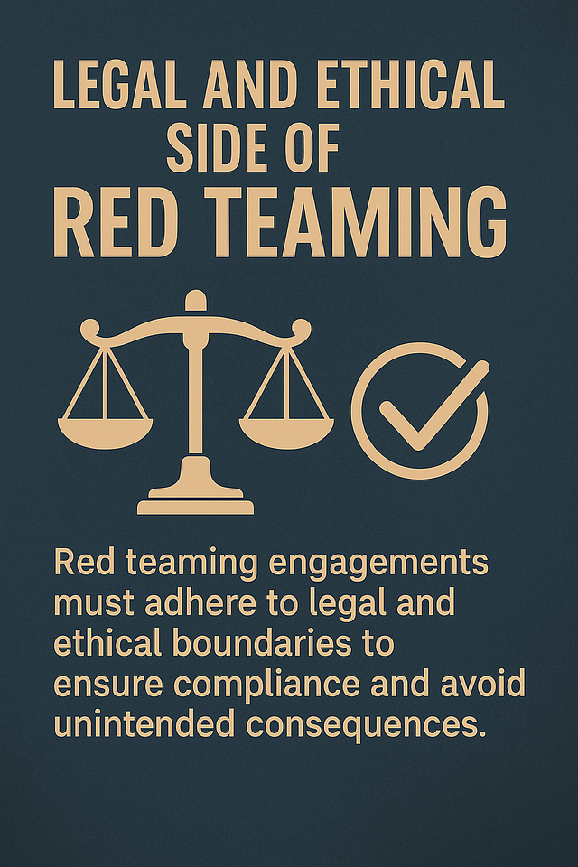 Scales of justice and checkmark icon symbolizing the legal and ethical responsibilities in red teaming, with bold typography over a dark background.