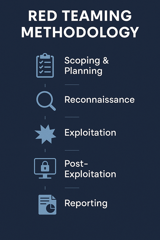 Red Teaming Methodology steps illustrated vertically with icons for planning, reconnaissance, exploitation, post-exploitation, and reporting.