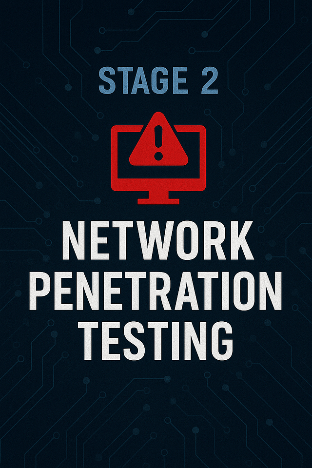 Dark-themed graphic for Stage 2: Network Penetration Testing, featuring a red warning icon on a computer screen with a blue digital circuit background