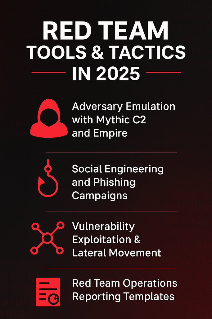 Red Team Tools and Tactics in 2025 – Infographic showing adversary emulation, phishing, exploitation, and reporting methods