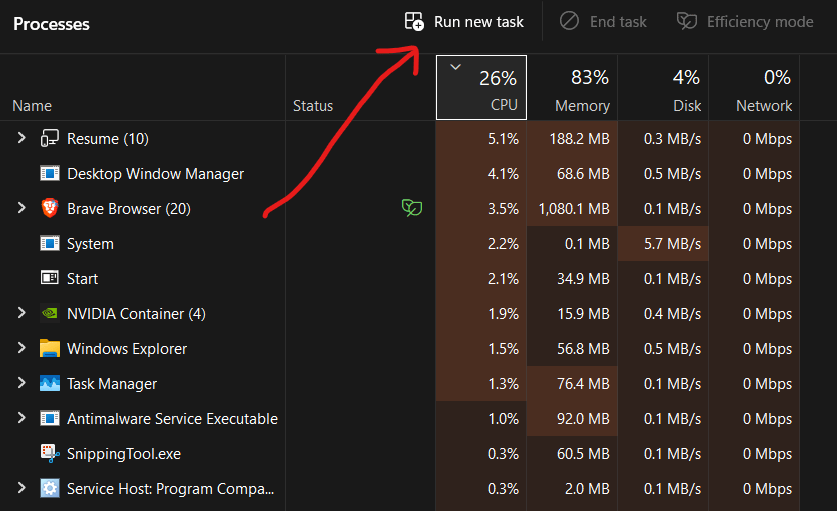 Windows Task Manager with a red arrow pointing to the 'Run new task' button